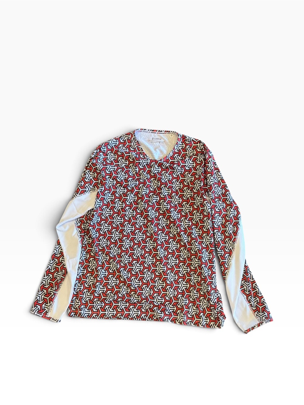 Geometric Print Long Sleeve V-Neck Top - Red/White